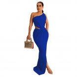 Blue Sexy Open Waist Slant shoulder long skirt Solid Sleeveless Pleated Dress