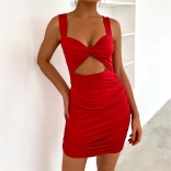 Red Sexy Slim Slim Strap Hollow Pleated Wrapped Hip Dress