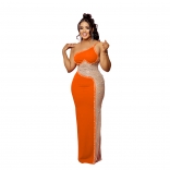 Orange Halter Lace Mesh Rhinestone Sexy Fashion Jersey Long Dress