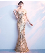 Golden Off-Shoulder Mesh V-Neck Sequins Banquet Evening Long Dress