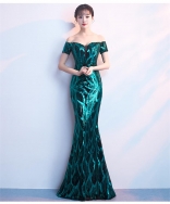 Green Off-Shoulder Mesh V-Neck Sequins Banquet Evening Long Dress