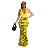 Yellow Sleeveless Deep V-Neck Shein Fashion Printed Slit Maxi Dress