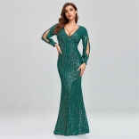 Green Long Sleeve Sequin Fashion Women Party Fish Tail Evening Dress
