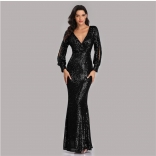 Black Long Sleeve Sequin Fashion Women Party Fish Tail Evening Dress