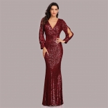 Red Long Sleeve Sequin Fashion Women Party Fish Tail Evening Dress