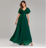 Green Double V-neck Flared Elastic Chiffon Banquet Evening Dress