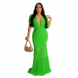 Green Deep V-Neck Pleated Sleeveless Long Dress