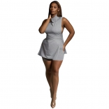Gray Sleeveless Round Neck Hollow-out Sexy Short Sets