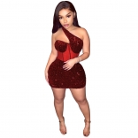 WineRed Sloping Shoulder Fashion Sexy Mesh Sequin Party Dress
