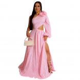 Pink Sexy One Shoulder Sleeve Striped Split Maxi Dress