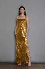 Golden Strap Boat-Neck Sequin Tassels Maxi Dress