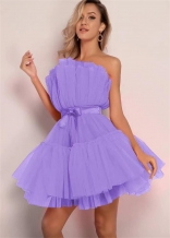 Purple Chestless Mesh Bowknot Belt Fashion Women Bubble Skirt