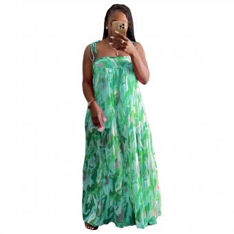 Green Printed Drawstring Pleated Fashion Women Long Dress