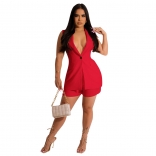 Red Deep V-Neck Sleeveless Button Fashion OL Suits