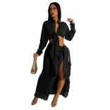 Black 2PCS Long Sleeve Fashion Women Tassels Bandage Maxi Dress