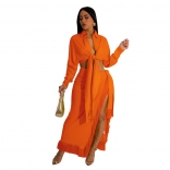 Orange 2PCS Long Sleeve Fashion Women Tassels Bandage Maxi Dress