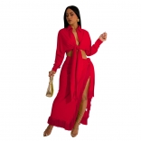 Red 2PCS Long Sleeve Fashion Women Tassels Bandage Maxi Dress