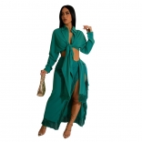 Green 2PCS Long Sleeve Fashion Women Tassels Bandage Maxi Dress