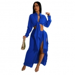 Blue 2PCS Long Sleeve Fashion Women Tassels Bandage Maxi Dress