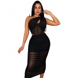 Black Sexy Mesh Perspective Women Party Slim Midi Dress