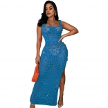 Blue Sleeveless Strap Hollow-out Knitting Sequin Sexy Midi Dress