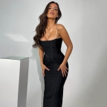 Black Chains Strap Bodycon Sexy Women Party Long Evening Dress