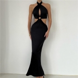 Black Sleeveless Patchwork Hanging Neck Hollow-out Fashion Midi Dress