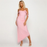 Pink Straps Low-Cut Sleeveless Mesh Women Fashion Midi Dress