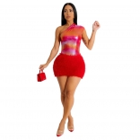 Red Halter Bodycon Feather Sexy Club Mini Dress