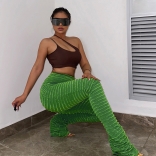 Green Women Striped Knitted Stitching Sexy Slim Fashion Party Pants