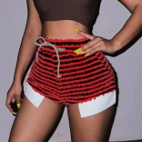 Red Women's Striped Drawstring High Waisted Sexy Shorts
