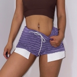 Purple Women's Striped Drawstring High Waisted Sexy Shorts