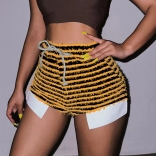 Yellow Women's Striped Drawstring High Waisted Sexy Shorts