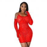 Red Mesh Long Sleeve Rhinestone Solid Strap Sexy Party Dress