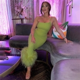 Green Strap Low-Cut Bodycon Women Fashion Feather Midi Dress