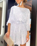 White Women Fashion Long Sleeve Sequin Party Skirt Dress