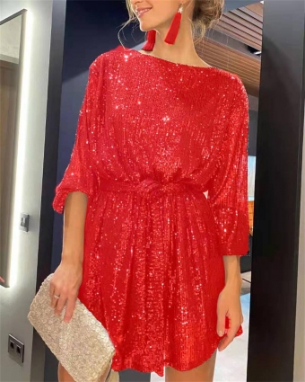 Red Women Fashion Long Sleeve Sequin Party Skirt Dress