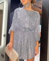 Silver Women Fashion Long Sleeve Sequin Party Skirt Dress