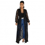 Black Lace Long Sleeve Hollow-out Fashion Women Loose Coat