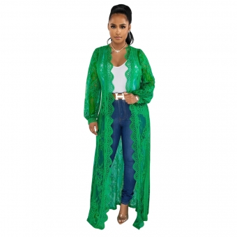 Green Lace Long Sleeve Hollow-out Fashion Women Loose Coat