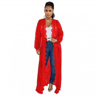 Red Lace Long Sleeve Hollow-out Fashion Women Loose Coat