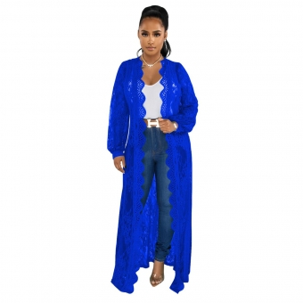 Blue Lace Long Sleeve Hollow-out Fashion Women Loose Coat