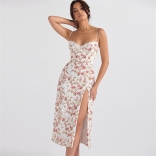 Red Halter Low-Cut V-Neck Printed Lace Sexy Jersey Long Dress