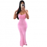 Pink Sleeveless Off Shoulder V-Neck Fashion Backless Women Maxi Dress