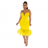 Yellow Off-Shoulder V-Neck Solid Color Mesh Women Midi Skirt Dress