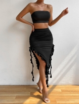 Black Off-Shoulder Two Piece Foral Pleated Split Women Midi Dress