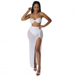 White Women's Sexy Mesh Rhinestone Nightclub Maxi DressTwo Piece Set