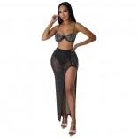 Black Women's Sexy Mesh Rhinestone Nightclub Maxi DressTwo Piece Set
