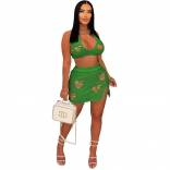 Green Women's Sexy Jacquard Hollow Out Knitted Beach Skirt Fashion Short Dress Sets