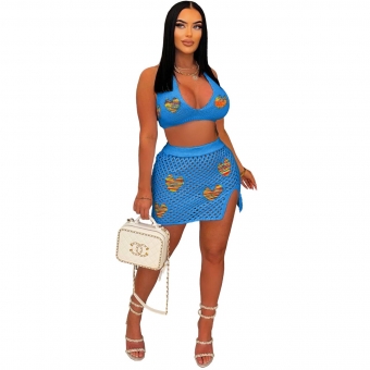 Blue Women's Sexy Jacquard Hollow Out Knitted Beach Skirt Fashion Short Dress Sets